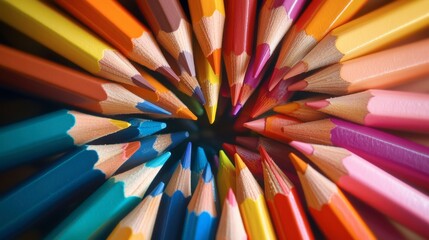 Fototapeta premium A colorful collection of pencils arranged in a spiral pattern, with each pencil pointing towards the center, creating a visually striking image.