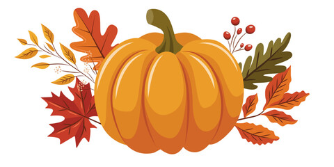 A pumpkin is surrounded by leaves and berries. The image has a fall theme