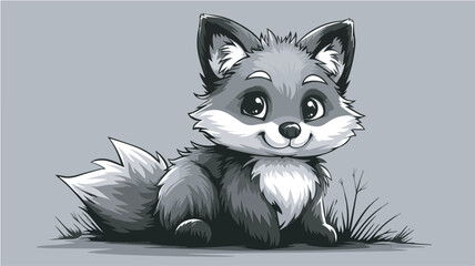 Cute baby fox illustration sitting in grass monochrome cartoon animal character for children book or sticker design isolated on gray background