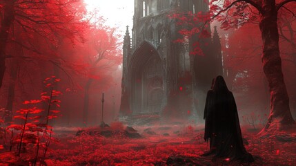 Mysterious figure before gothic cathedral in red forest