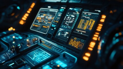 Obraz premium A detailed close-up of a spacecraft's control panel, with illuminated buttons, screens displaying data, and the vastness of space visible through a window.