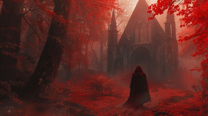 Mysterious figure before gothic cathedral in red forest