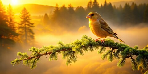 In the quiet of dawn, a canary rests on a branch of a majestic cedar, delicate mist swirls around, warm golden light, sense of serenity, a realistic photo image.