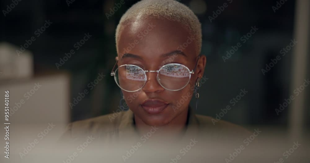 Poster Computer, glasses and web design with developer woman in office at night for coding or programming. Desktop, face and website development with African employee in workplace for evening administration