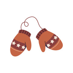 Pair of cute mittens with Christmas pattern. Xmas gloves with string. Winter accessory, seasonal warm clothes. New Year decoration, decor. Flat isolated vector illustration on white background