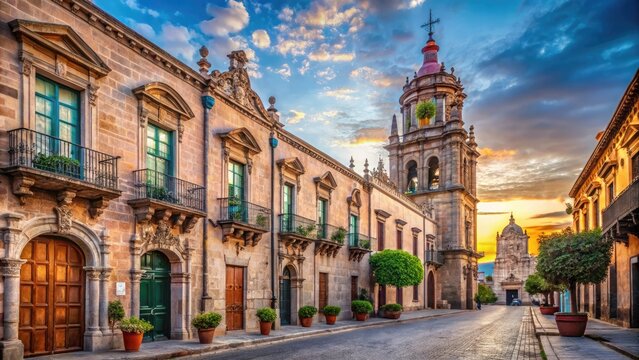 Vibrant colonial architecture lines the historic center of Morelia, Michoacan, with ornate stone facades, Baroque details, and picturesque streets amidst a warm Mexican ambiance.