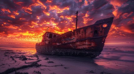Abandoned rusty boat on shore at vibrant sunset