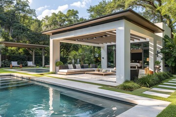 Fototapeta premium Poolside pavilion with modern white slat wall, lush green grass, concrete pavers, and square stone pebble paver in New Orleans home designed by Jean Stoffer.