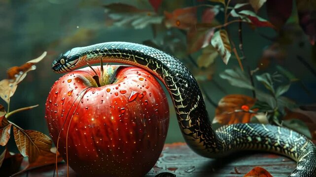 A snake coils around a red apple in a forest setting surrounded by autumn leaves
