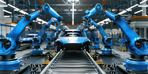 Fototapeta premium Robotic arms on an assembly line in an automotive factory working on the production of a new car.