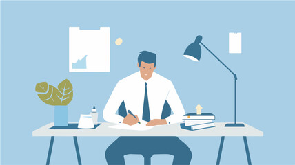 Businessman working at office desk office worker professional businessman signing document paperwork illustration manager workplace entrepreneur business corporate finance company employee desk job