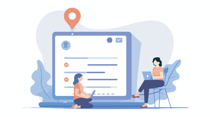 Two women filling online survey form on laptop for customer satisfaction feedback experience review online registration concept illustration