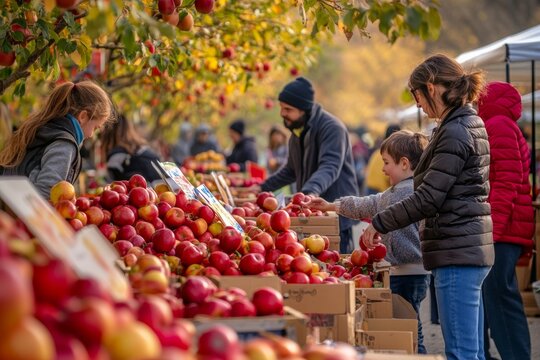lively outdoor festival scene with families and children picking apples in an orchard, with colorful stalls offering apple-themed products and a backdrop of autumn foliage - Powered by Adobe