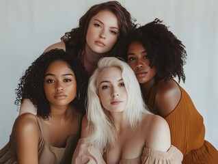 Fototapeta premium Empowering Multiracial Women Celebrating Beauty and Self Acceptance in Studio Portrait