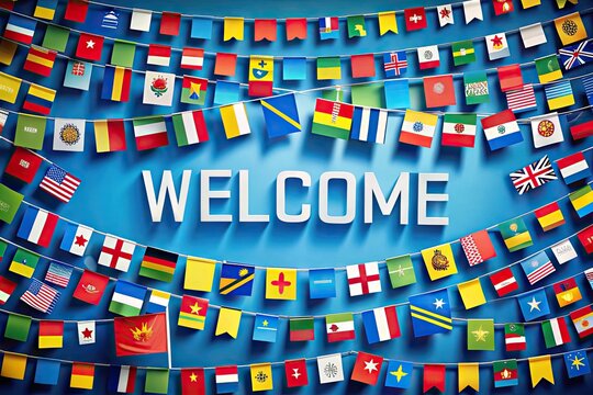 Vibrant colorful flags and translations of "welcome" in multiple languages on a globe, symbolizing international hospitality and cultural diversity on a bright blue background.