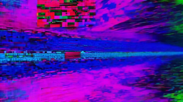 Bright, abstract glitch art in vivid neon colors, featuring distorted pixelation and dynamic lines, creating a high-energy digital effect