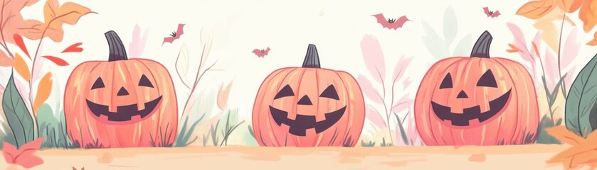 Charming illustration of three smiling pumpkins surrounded by autumn leaves, perfect for Halloween-themed projects and events.