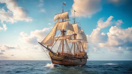 A historic wooden sailing ship with tall masts and billowing white sails navigating through the open ocean, with the horizon stretching out ahead.
