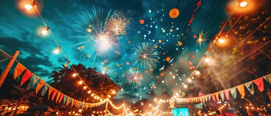 Festive celebration with colorful fireworks lighting up the night sky above a city street, adorned with string lights and triangular flags.