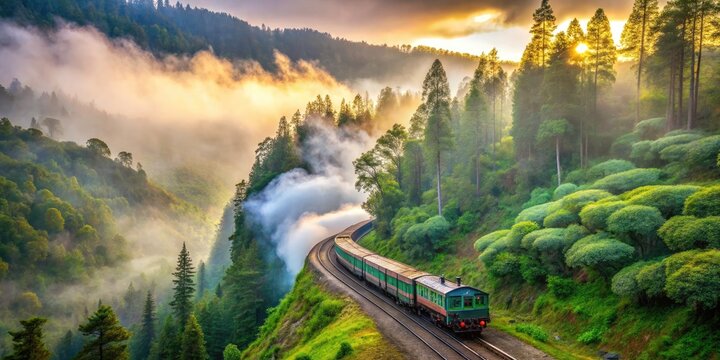 Vibrant colorful kt train zipping through lush green forest surrounded by towering trees with misty fog rolling in on a serene sunny morning.