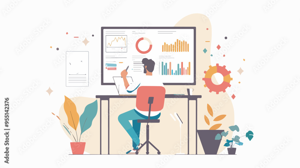 Poster businessman analyzing data on computer screen data analysis concept with charts and graphs financial
