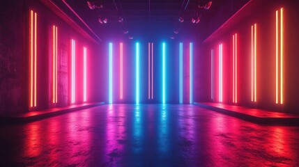 Neon light streaks illuminate a dark room.