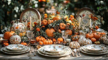 Harvest Gathering: Cozy Autumn Table with Pumpkins, Gourds, and Candles for Fall Feast Celebration