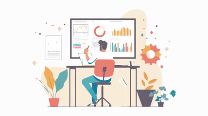 Businessman analyzing data on computer screen Data analysis concept with charts and graphs Financial analytics dashboard Modern office workplace interior Business strategy and planning background