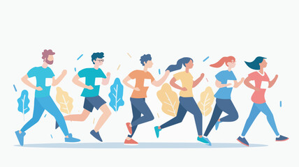 Group of people running marathon runners jogging men women colorful isolated figures healthy lifestyle sport activity concept flat horizontal banner design illustrationno background