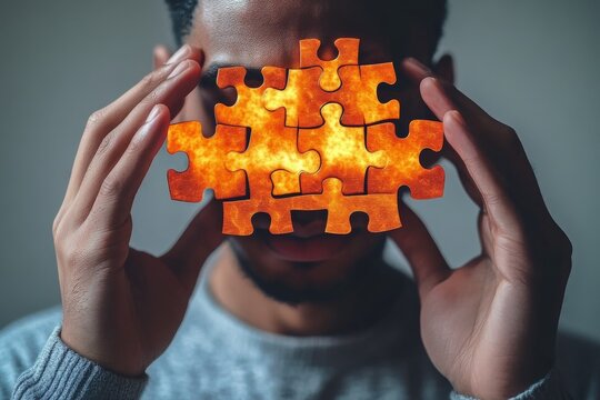 Concrete thinking Cognition A man holding glowing puzzle pieces in front of his face symbolizing the assembly of ideas problem solving and intellectual challenges