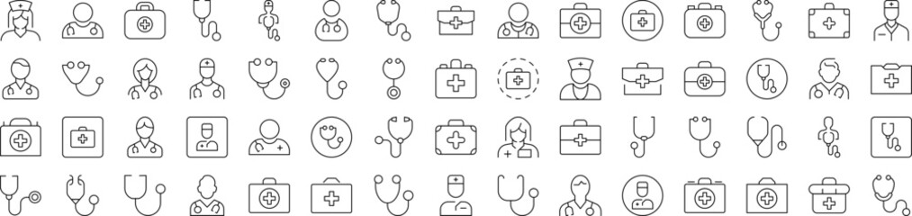 Doctor, Stethoscope, Medical Suitcase Outline Image Collection. Editable Stroke. Perfect for Infographics, Articles, Books, Flyers, Banners