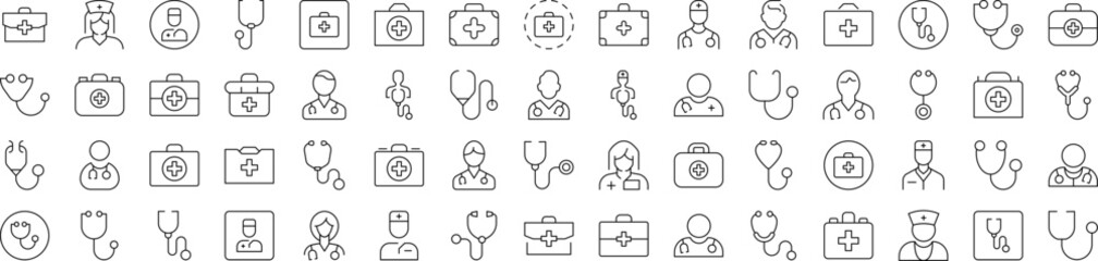 Doctor, Stethoscope, Medical Suitcase Outline Icon Collection. Editable Stroke. Perfect for Infographics, Articles, Books, Flyers, Banners