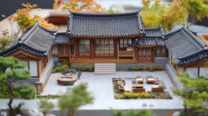 A scale model home with a traditional Korean courtyard and outdoor seating