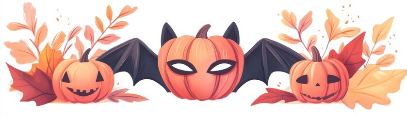 Colorful Halloween pumpkins with bat wings and autumn leaves, perfect for festive decor and seasonal celebrations.