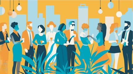 Diverse group of people socializing at a business networking event with drinks and conversation in a modern urban settingillustration with yellow and blue color palette