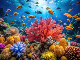 Naklejka premium Vibrant coral reef teeming with diverse marine life, delicate sea fans, and schools of fish, set against a backdrop of crystal-clear turquoise ocean water.