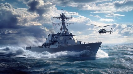 A modern naval destroyer patrolling the open sea, with a helicopter hovering nearby, showcasing the ship's advanced capabilities.