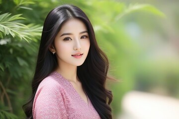 Naklejka premium Attractive Girl with Long Hair and Bright Eyes