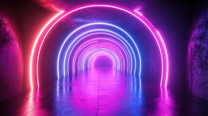 Abstract neon light tunnel with pink and blue glow