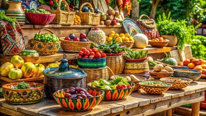 Fototapeta premium Vibrant display of artisanal goods, including woven baskets, hand-painted ceramics, and fresh produce, arranged on a rustic wooden table in a sunny market setting.