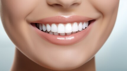 Fototapeta premium Beautiful female smile after teeth whitening procedure. Dental care. Dentistry concept. Neural network ai generated art