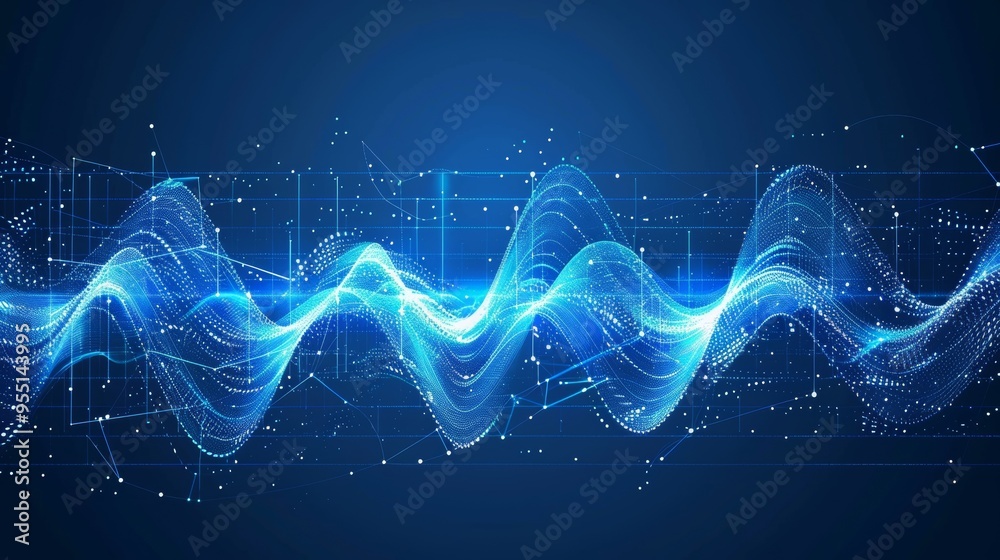 Poster abstract technology background with layered flowing particle waves, illustrating the overlap of data