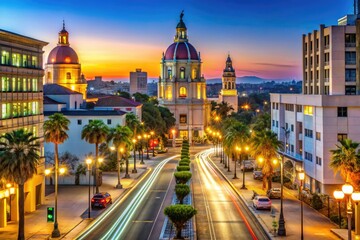 Obraz premium Vibrant evening cityscape of downtown Pasadena featuring historic City Hall, pedestrian traffic, and lively streetlights illuminating palm-lined streets and modern skyscrapers.