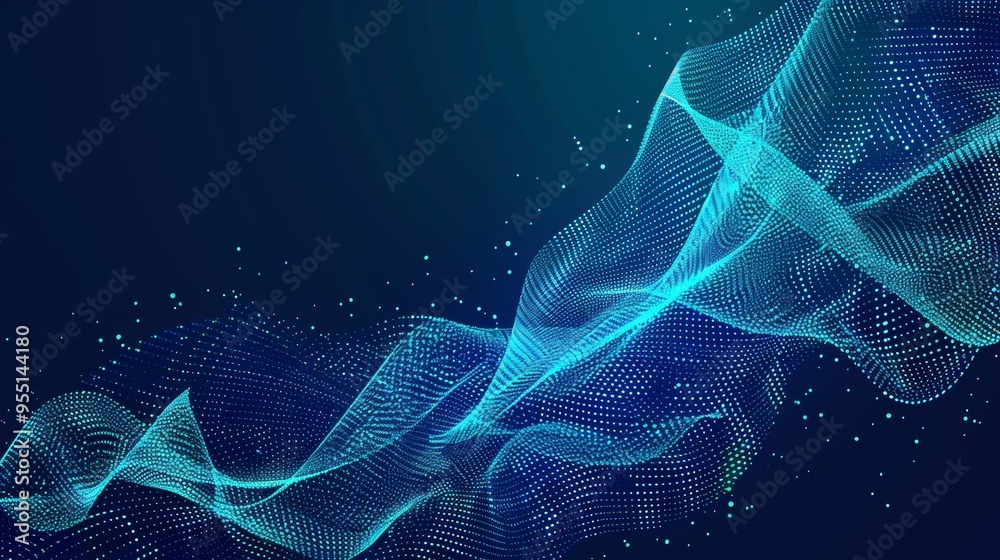Poster abstract technology background with layered flowing particle waves, illustrating the overlap of data