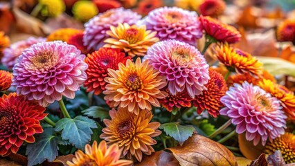Vibrant, frost-tolerant hardy mums burst with autumn color, their delicate petals and sturdy stems thriving in a rustic, outdoor setting amidst fallen leaves and natural texture.