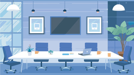 Modern Office Interior Illustration Meeting Room Workspace Design Coworking Space Concept with Furniture Plants and Empty Wall Background for Teamwork Collaboration and Brainstorming Sessions