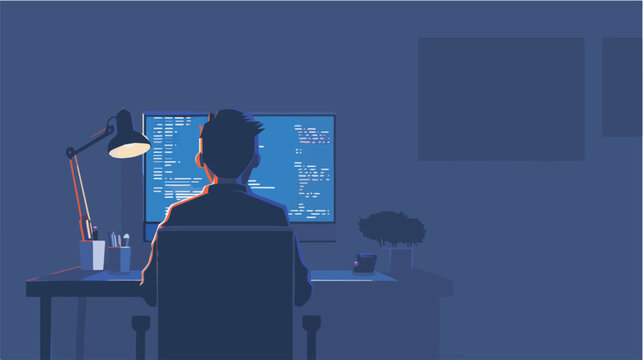 Programmer working late night coding and programming on computer web development concept illustration freelancer work from home dark mode programming language HTML CSS java script PHP developer
