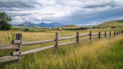 Fototapeta premium A rustic wooden fence dividing a field of tall grass from a scenic countryside, with rolling hills and distant mountains in the background.