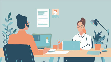 Job interview online video conference remote work business meeting colleagues discussing work at office desk human resources recruitment concept background