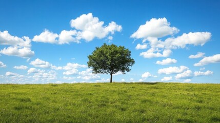 Obraz premium A scenic view of a lone tree in the middle of a grassy field, with a clear blue sky and fluffy white clouds overhead.